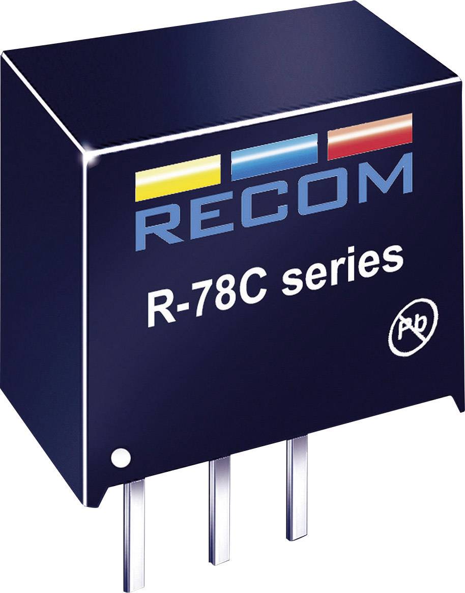 Module convertisseur de tension de la série RECOM R-78C avec trois broches de connexion, boîtier noir, sans plomb.