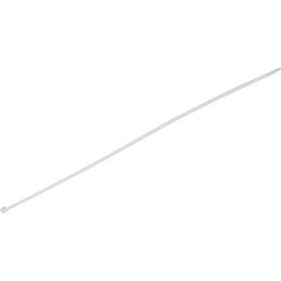 Un collier de serrage en plastique long et fin, de couleur blanche, utilisé pour fixer ou organiser des câbles ou d'autres objets.