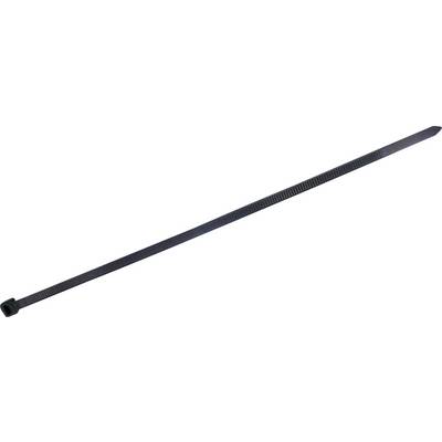 Un collier de serrage noir en plastique, long et étroit, à surface striée et fermoir à boucle.