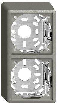Cadre double pour prises électriques en métal gris foncé, rectangulaire, adapté pour une installation encastrée de prises électriques.