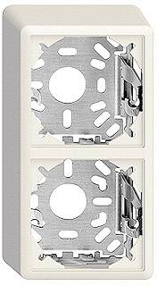 Cadre de double prise en plastique blanc avec supports métalliques, rectangulaire, adapté au montage mural.