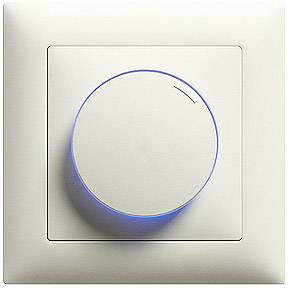 Interrupteur avec variateur rotatif, blanc, carré, avec voyant LED bleu indiquant l'état de fonctionnement.