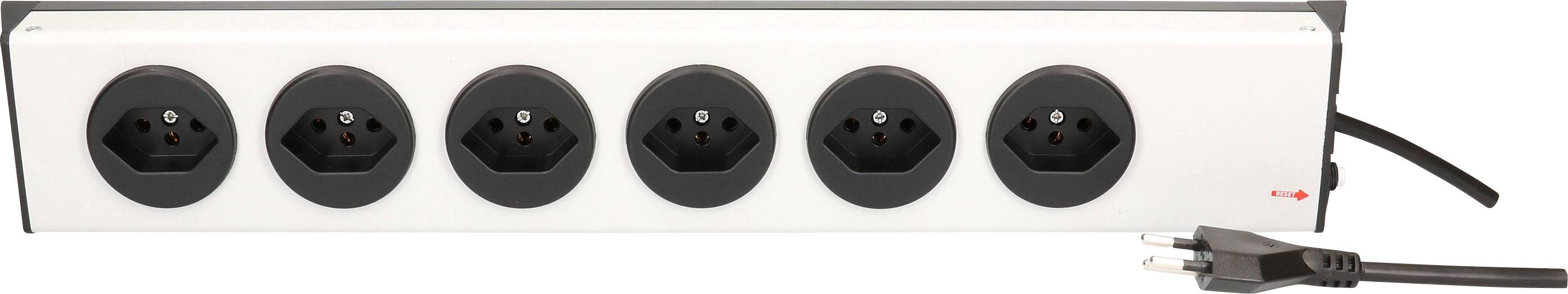 'Multiprise 6 prises avec câble noir et fiches, adaptée à la distribution électrique pour plusieurs appareils électriques.'