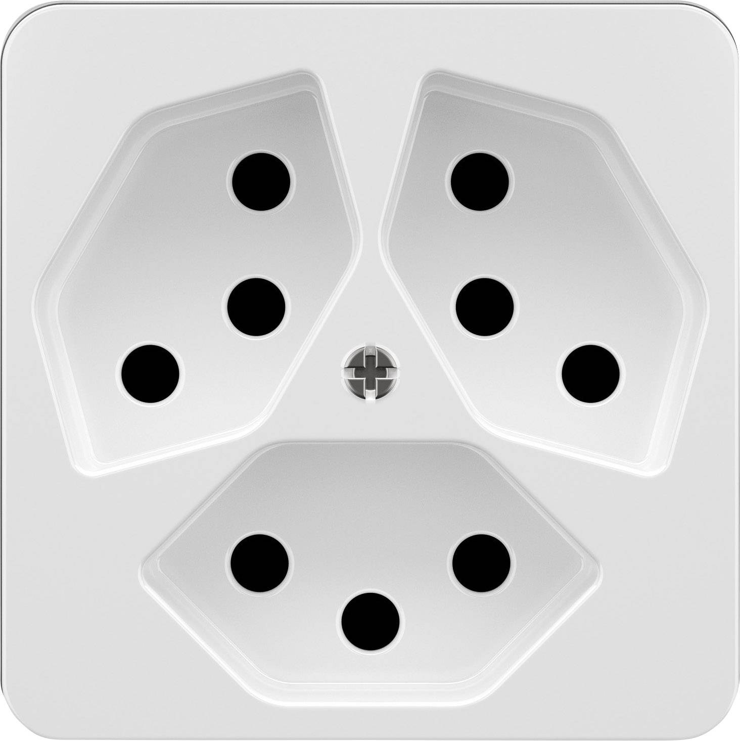 Prise multiple blanche à triple embranchement, au design hexagonal, comprenant six emplacements circulaires, disposés symétriquement autour d'une vis centrale.