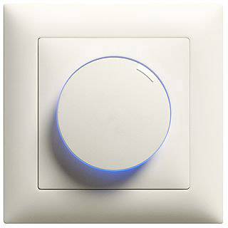 Un interrupteur mural blanc avec un anneau lumineux LED bleu rond au centre, servant à contrôler l'intensité lumineuse ou le volume.