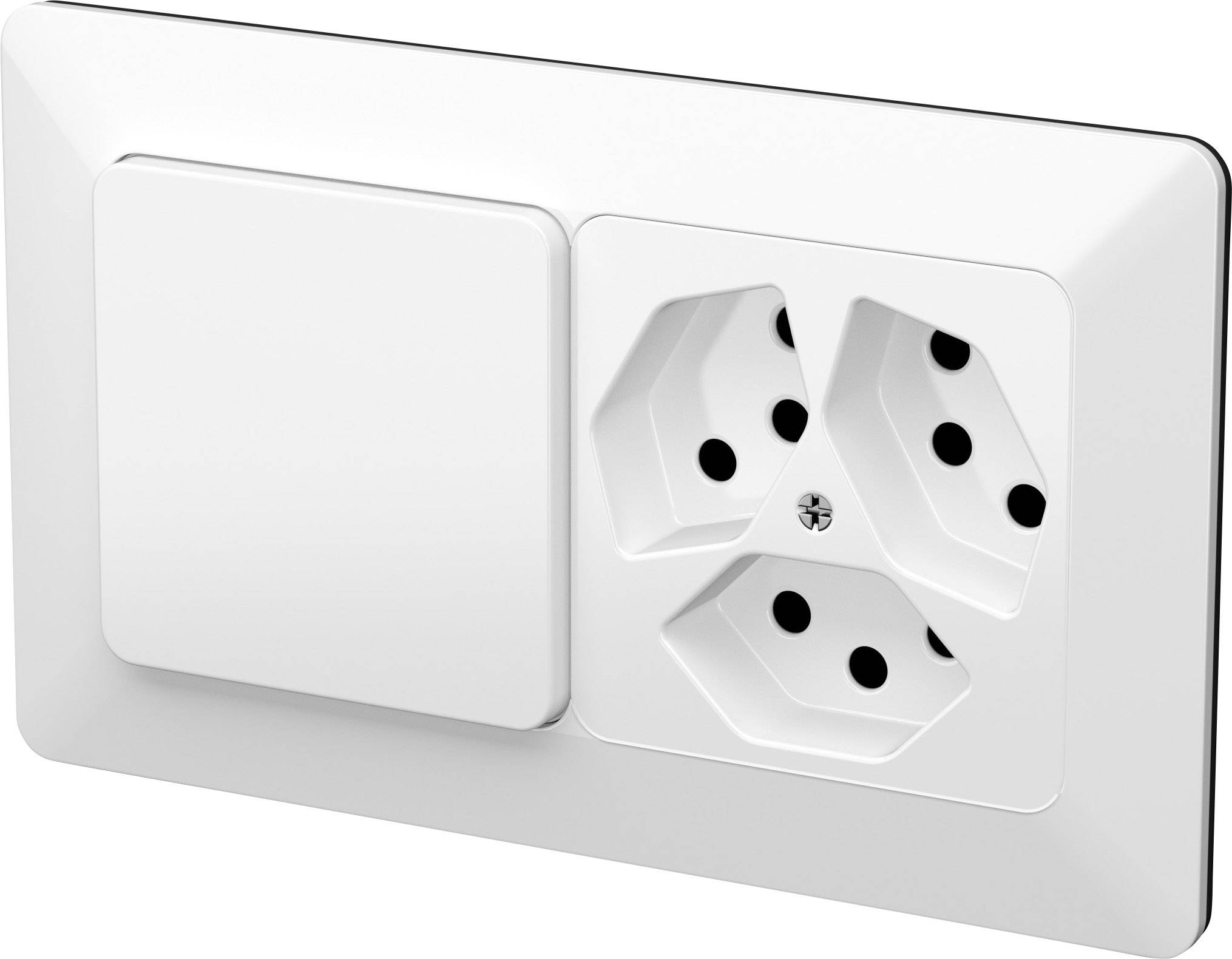 Prise électrique blanche avec volet de protection et deux emplacements, adaptée au marché européen.