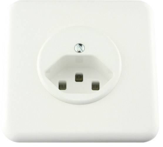 Une prise électrique blanche dans le mur, adaptée aux fiches européennes à deux broches rondes et avec mise à la terre.