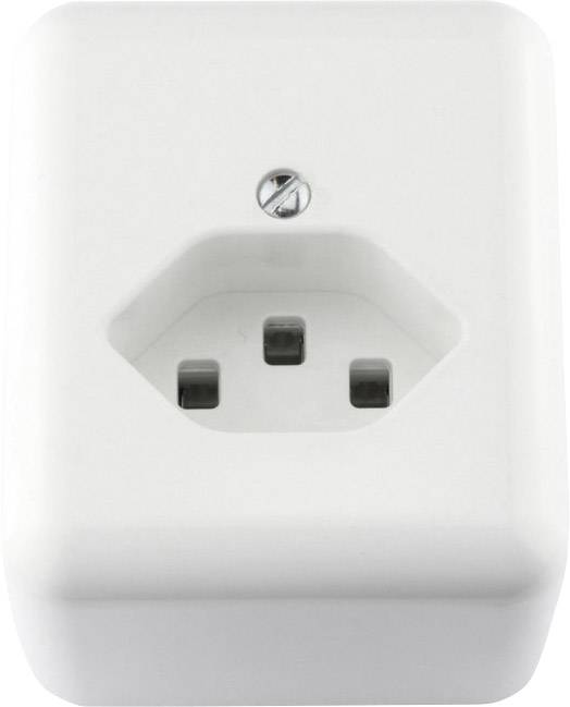 Une prise électrique blanche sur un mur, avec deux trous pour les fiches et une vis centrale au-dessus.