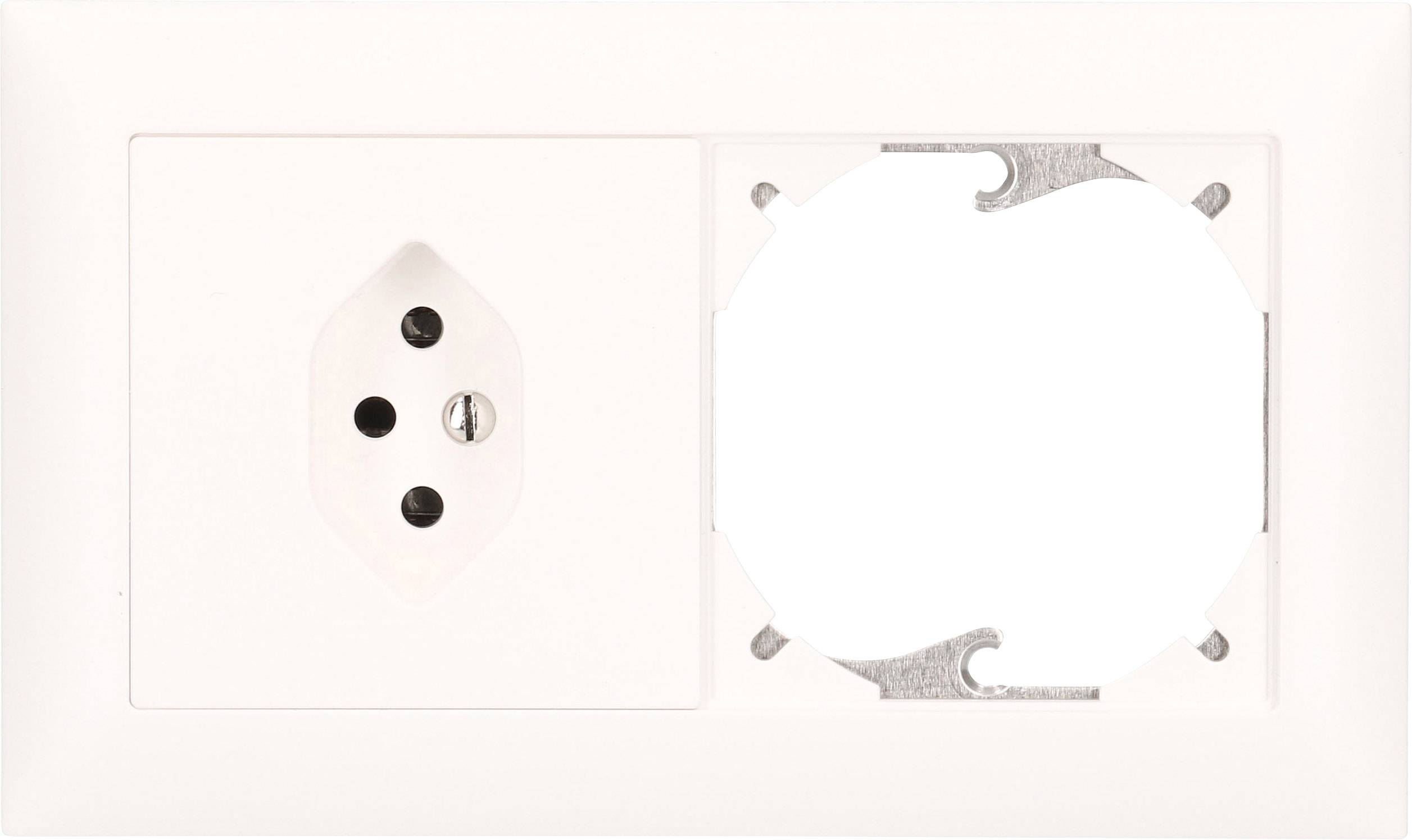 Prise électrique blanche avec support de montage intégré pour une prise ou un interrupteur supplémentaire.