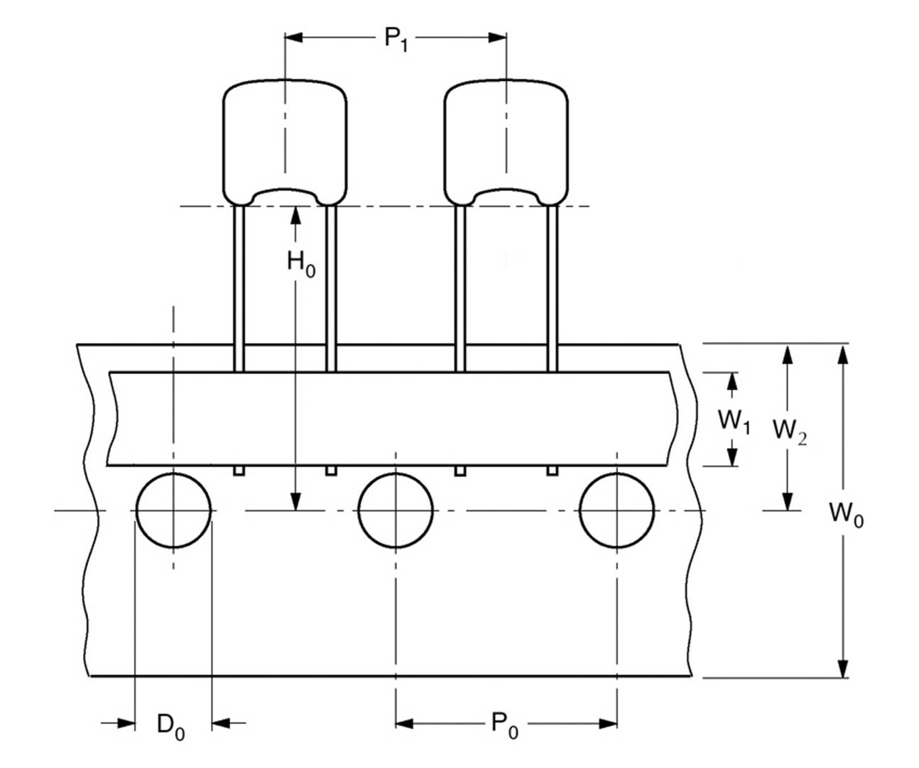 Dessin technique d'une coupe transversale d'un composant mécanique avec les dimensions P1, W1, W2, H0, W0, D0, P0, montrant deux cylindres verticaux.