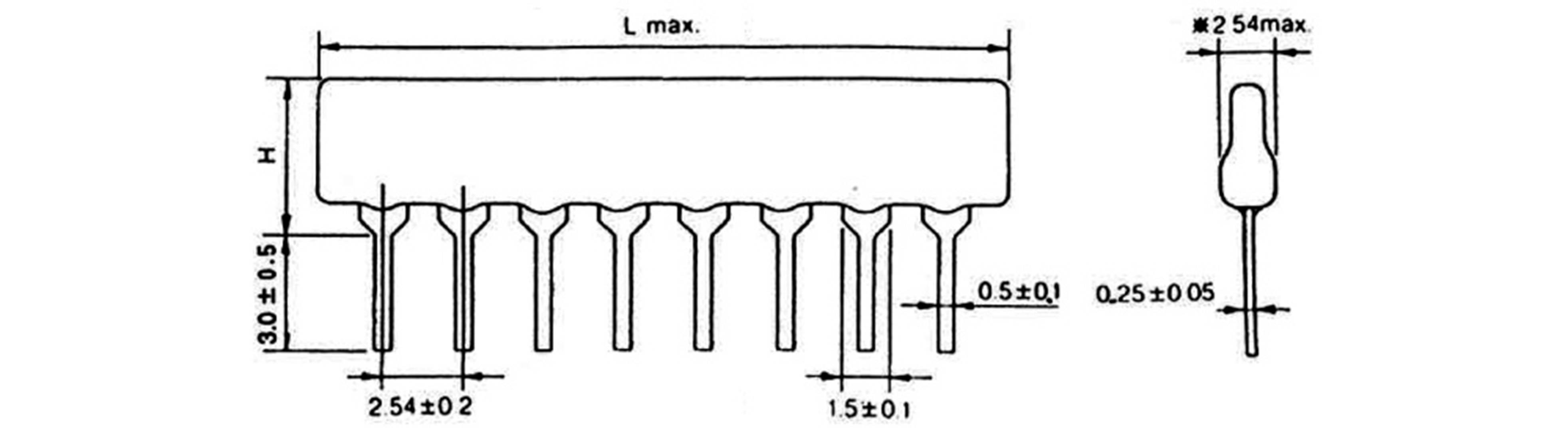 Illustration d'un composant électronique avec dimensions : L, largeur max, 3,0 ± 0,5 hauteur. Écarts entre broches : 2,54 ± 0,2 ; 15,24 ± 1 mm.