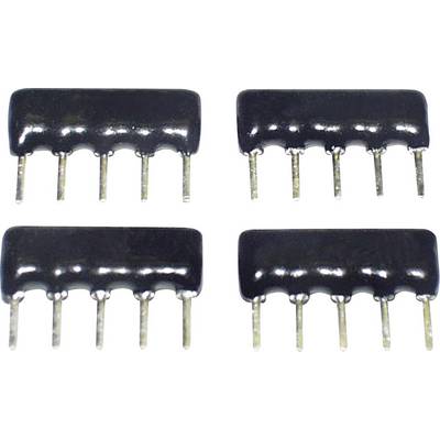 Quatre rangées parallèles de réseaux de résistances électriques, chacune avec plusieurs broches pour une utilisation sur des circuits imprimés.