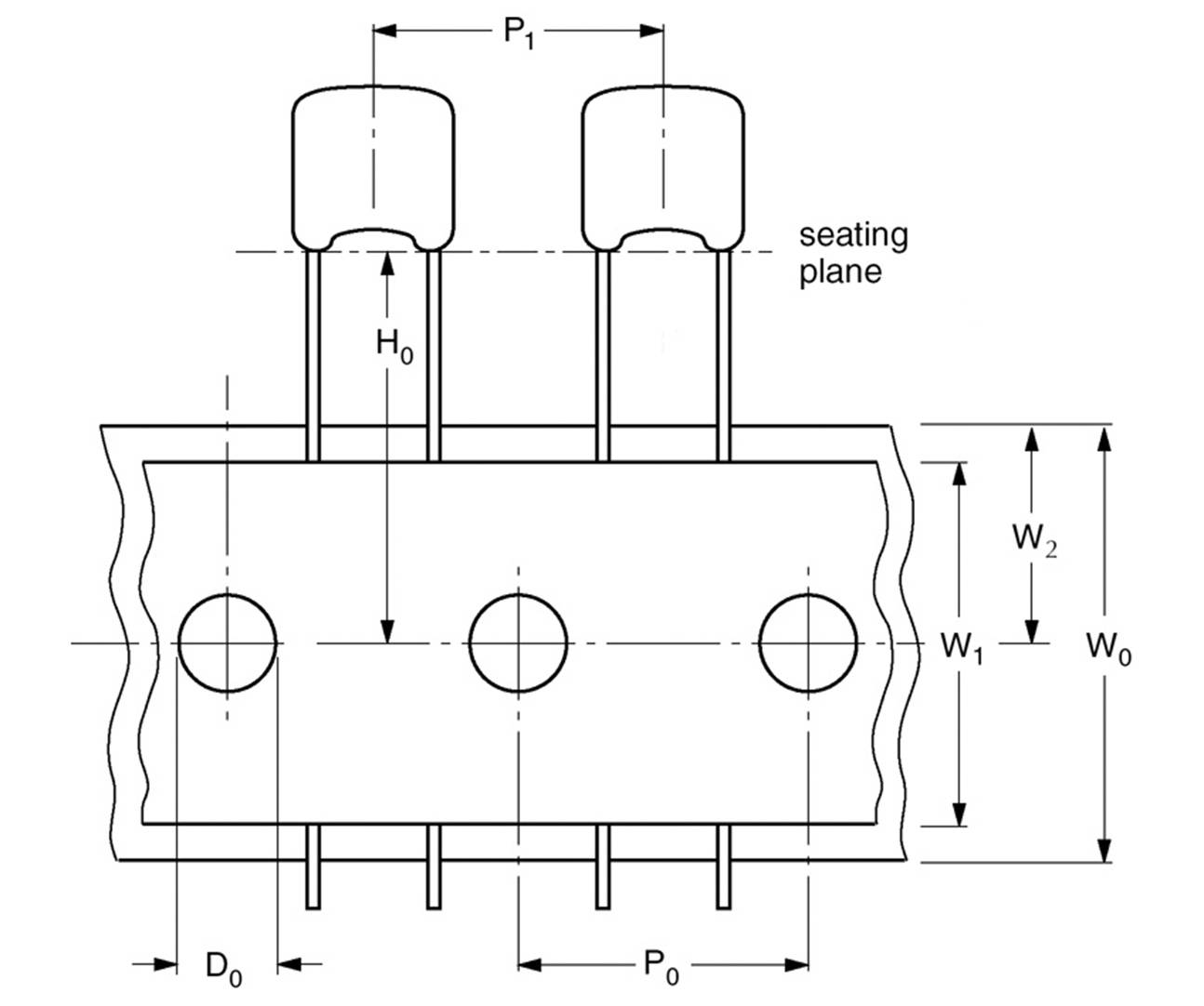 Dessin technique d'un composant électronique avec dimensions et annotations telles que 'plan de pose', 'P1', 'H0'.