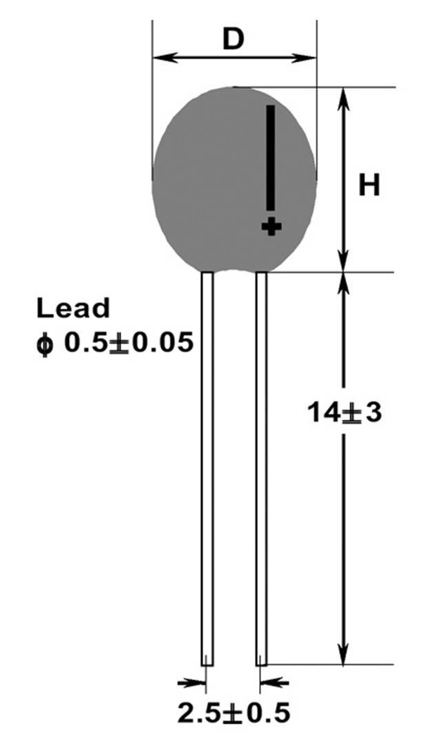Représentation d'un condensateur avec deux bornes. Annoté avec les dimensions : Diamètre D, Hauteur H, Plomb-Ø 0,5±0,05, Largeur 2,5±0,5, Hauteur 14±3.