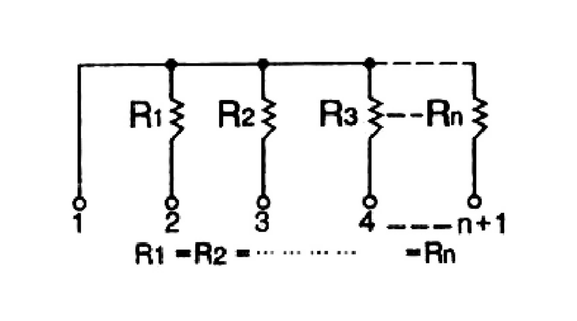 Le schéma de circuit montre un montage parallèle de résistances R1 à Rn. Chaque résistance est numérotée de 1 à n+1.