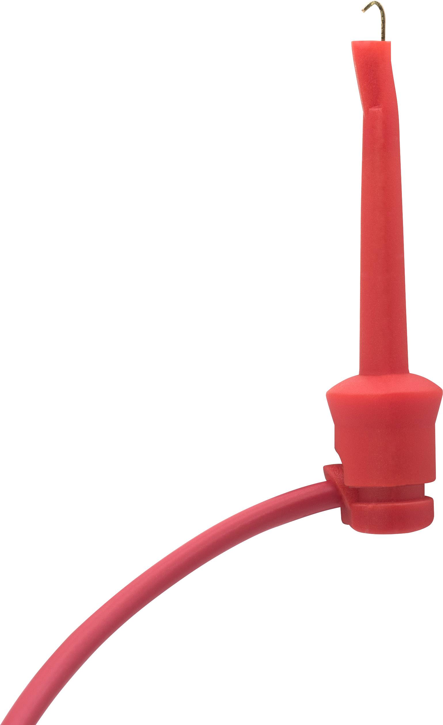 Sonde de test rouge avec câble, utilisée pour tester et mesurer électriquement des circuits dans un environnement technique ou électronique.