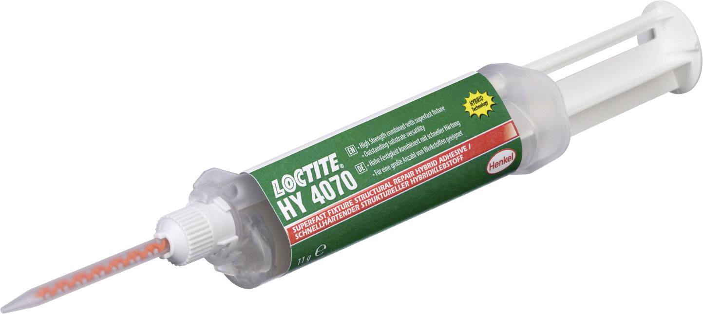 Une seringue avec une étiquette verte contient 'Loctite HY 4070', un adhésif rapide ; à l'avant, un tube distributeur à action mixte.