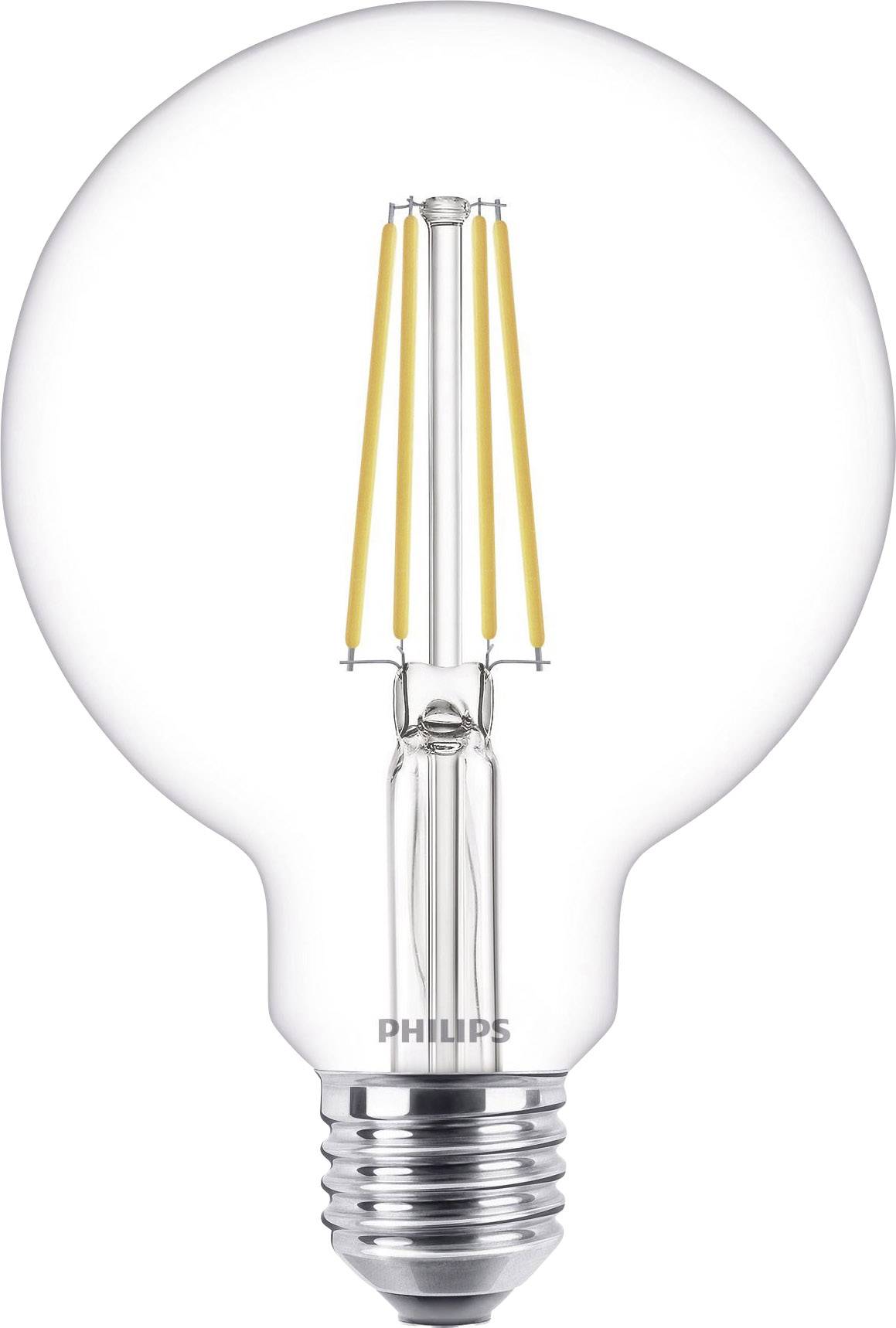 Une ampoule transparente avec des filaments apparents et la marque 'Philips' sur la base, symbolisant l'efficacité énergétique.