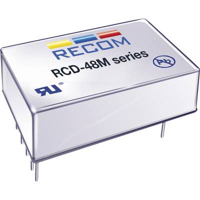 Un composant électronique rectangulaire argenté portant l'inscription « RECOM RCD-48M series ». Plusieurs petits logos sont également présents sur sa surface.