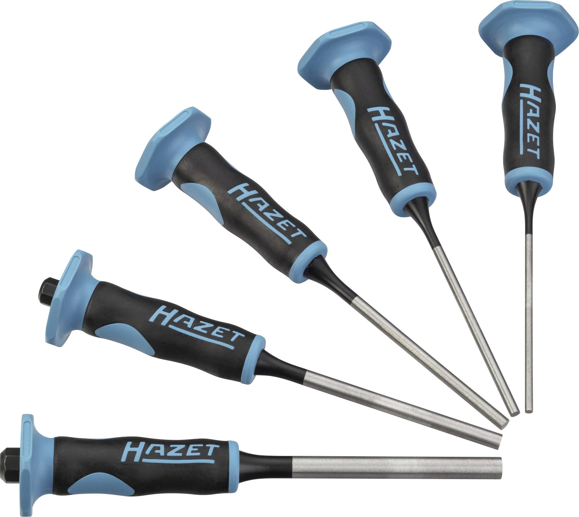 Cinq tournevis avec des poignées bleues et l'inscription 'Hazet' sont disposés en éventail.
