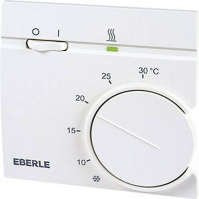 Un thermostat d'ambiance blanc de marque Eberle, avec un grand bouton rotatif pour le réglage de la température et une échelle allant de 10 à 30 degrés Celsius.