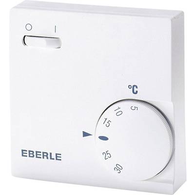 Un thermostat mural blanc avec molette de réglage affiche des températures de 5 à 30 degrés Celsius. En haut à gauche, un interrupteur avec position Marche/Arrêt.