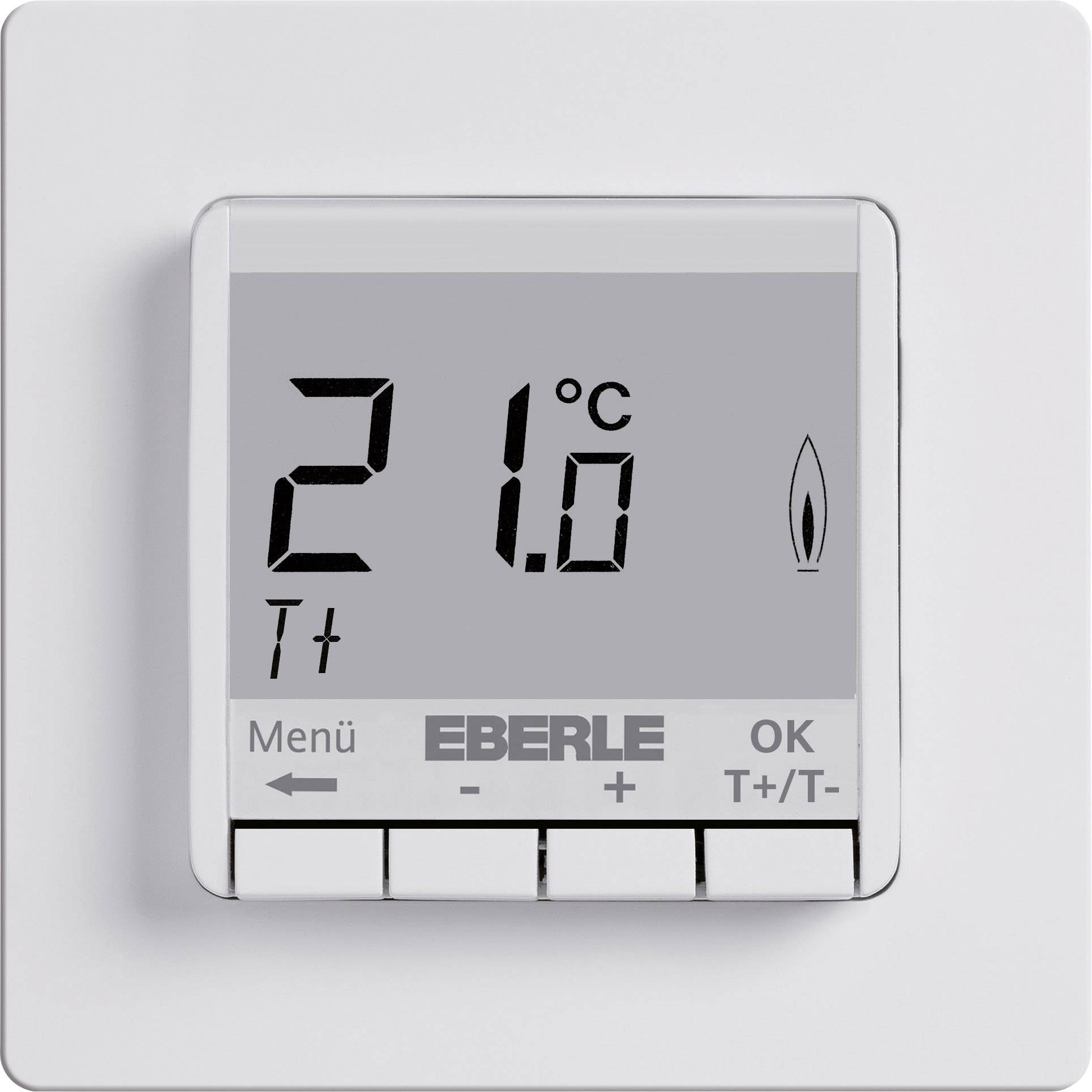 Thermostat numérique avec grand affichage, indiquant 21° Celsius, touches de menu, logo 'Eberle', fonction OK et réglage de la température.