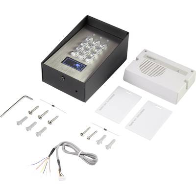 Un système de contrôle d'accès électronique avec clavier, câbles, deux cartes RFID, vis et un lecteur blanc sur fond blanc.