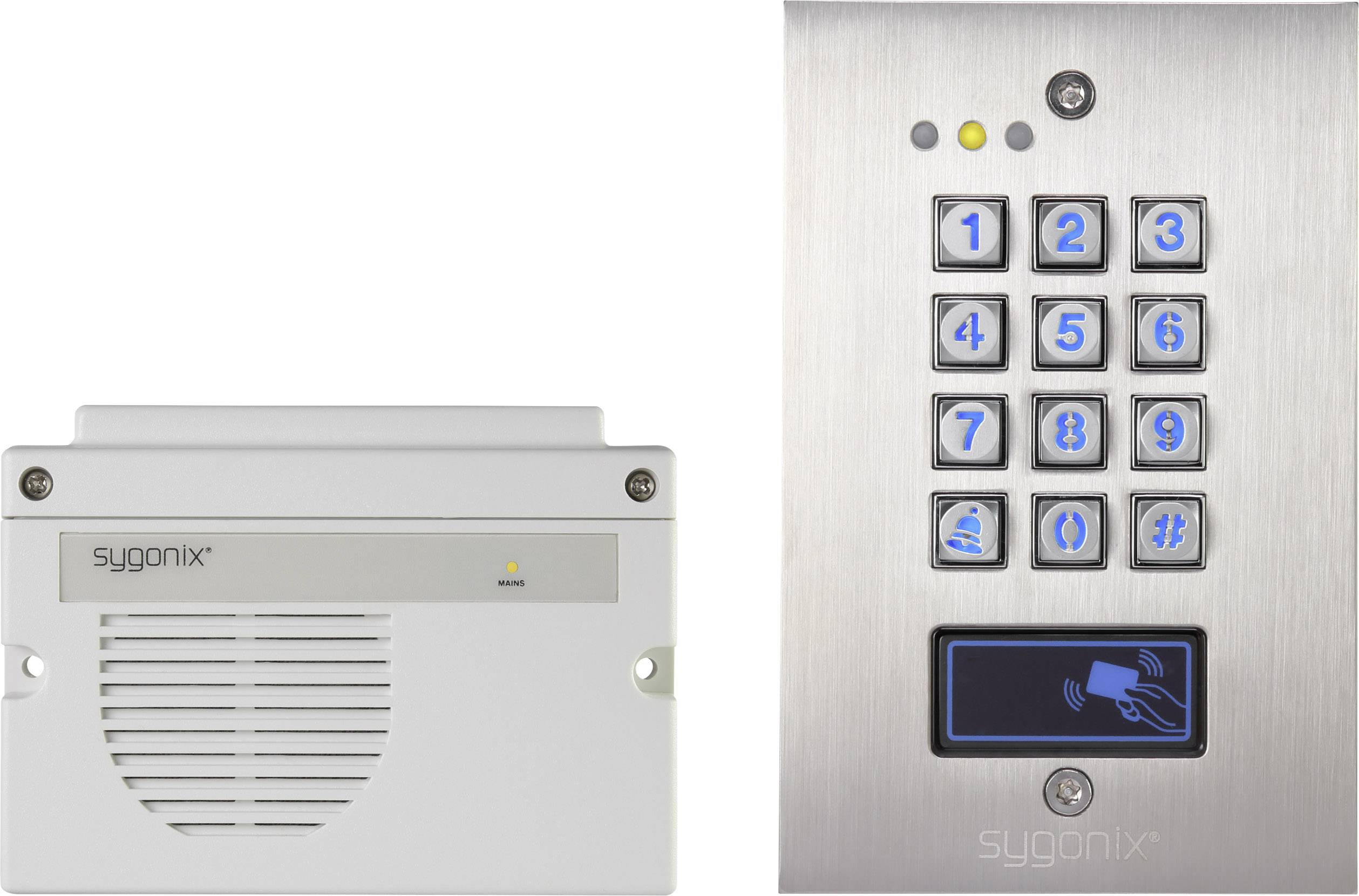 Interphone et clavier numérique en métal avec chiffres de 1 à 9, étoile, dièse et capteur RFID pour le contrôle d'accès.