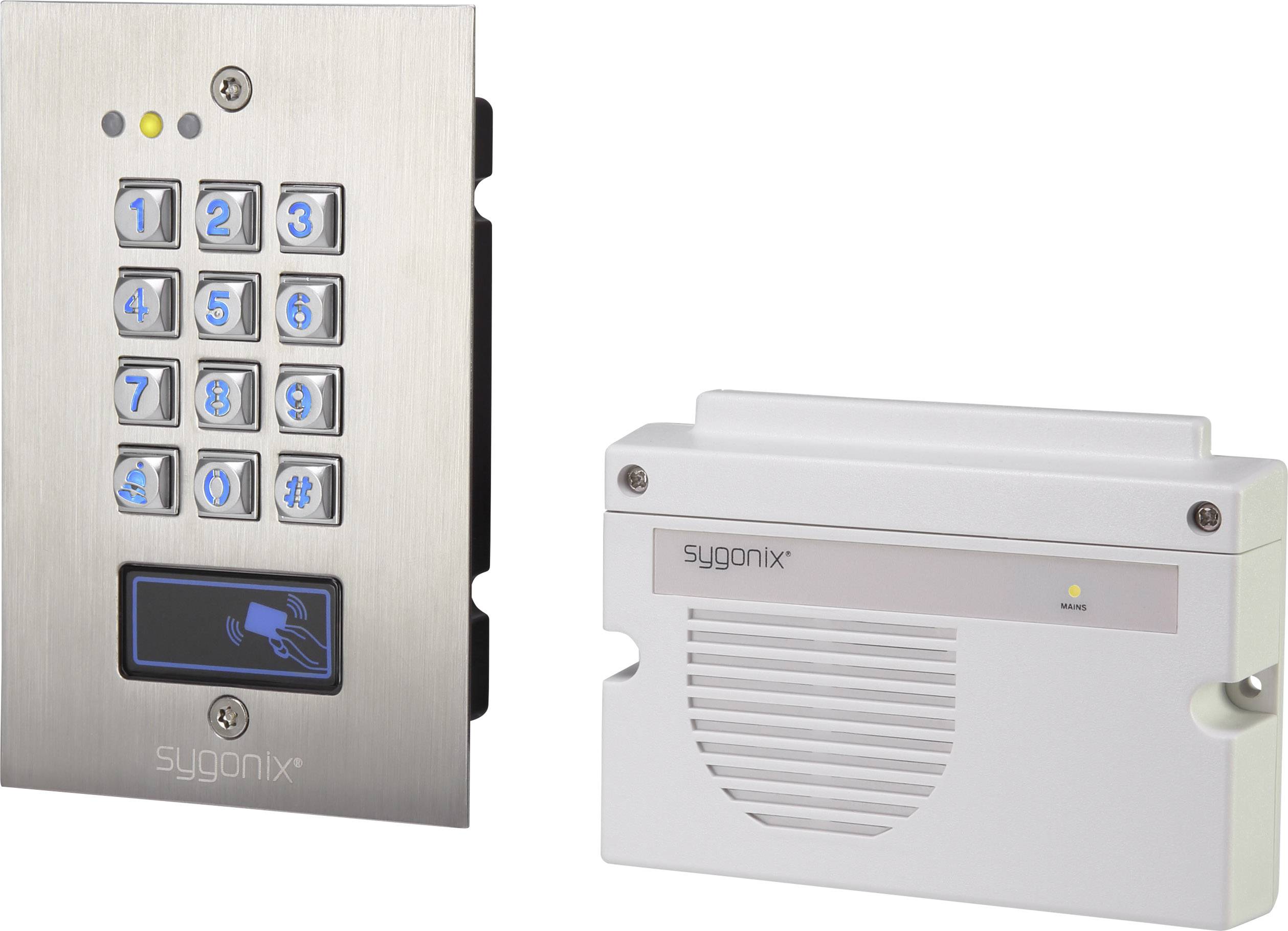 Système de serrure électronique : À gauche, un clavier numérique avec zone de lecture RFID, à droite un interphone.