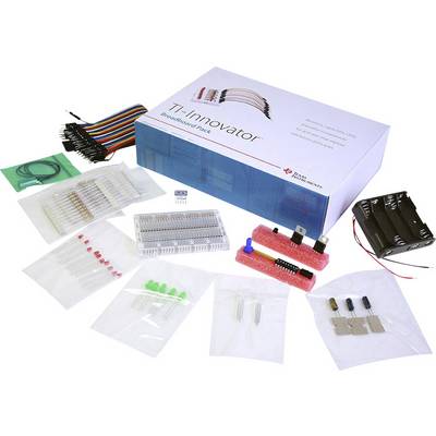 Set de composants électroniques comprenant des résistances, des LED, des câbles, des transistors et plus. Emballage portant l'inscription « TI-Innovator ».
