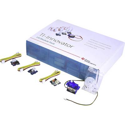 Pack de modules d'E/S TI-Innovator avec divers composants électroniques, comprenant des capteurs et des éléments de commande, sur fond blanc.