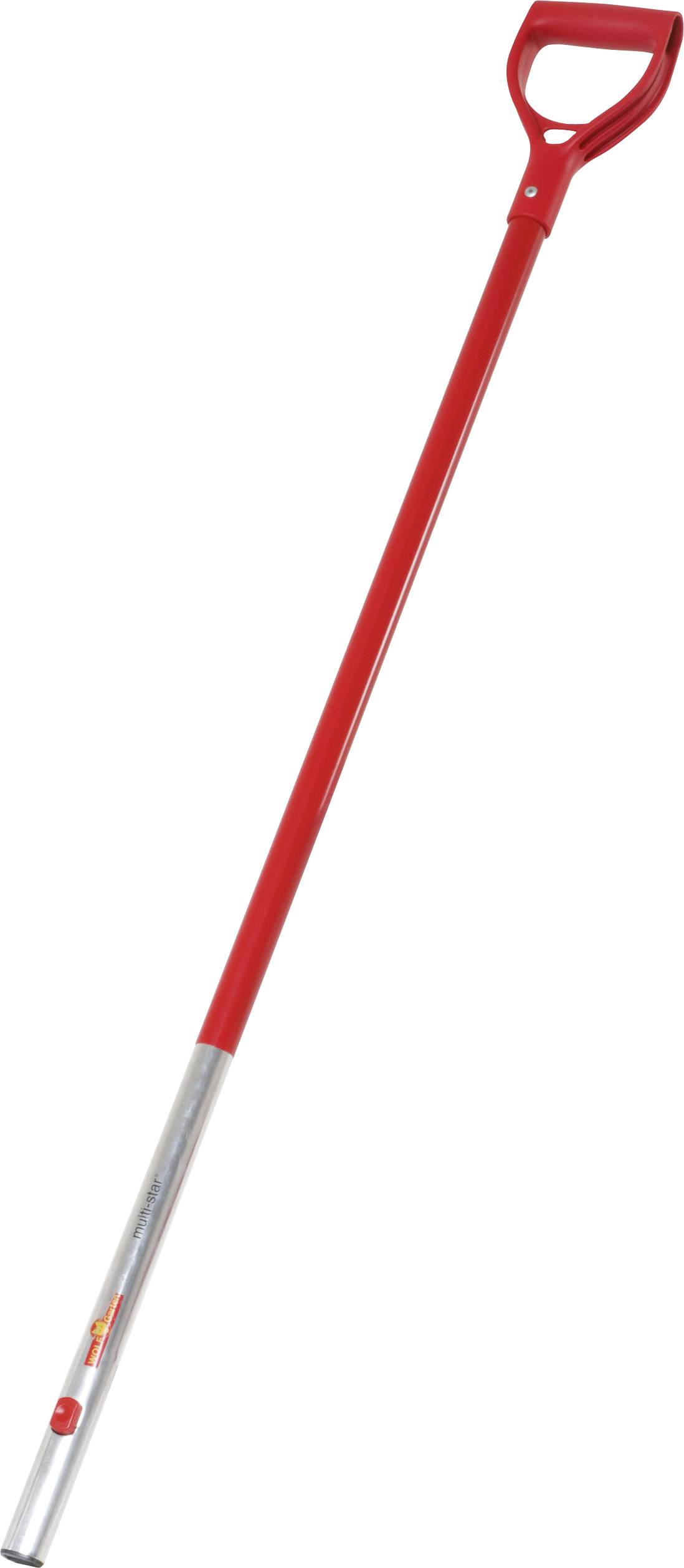 Pelle rouge avec poignée en D en métal, adaptée au déneigement ou aux travaux de jardinage.