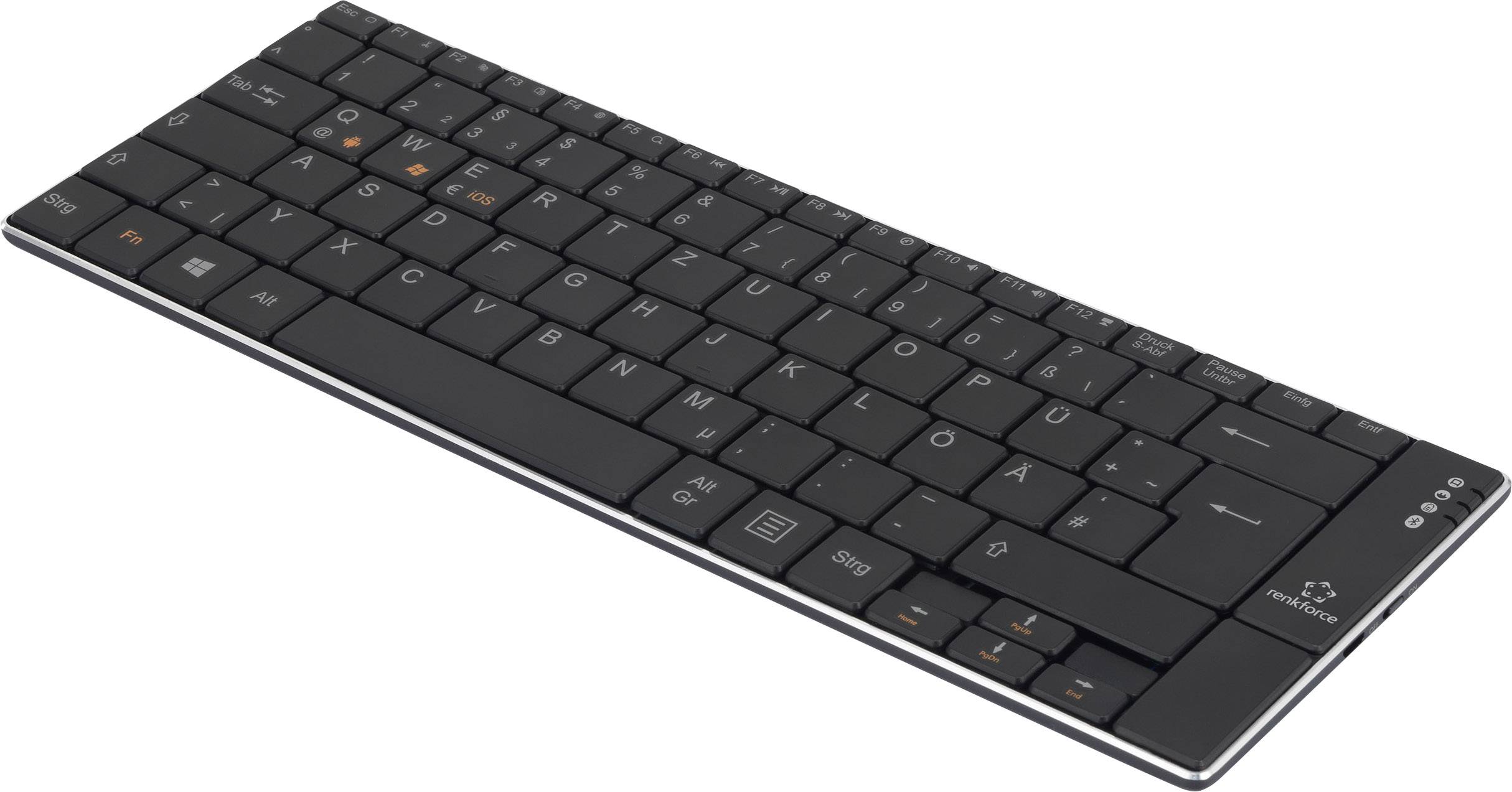 Un clavier plat et sans fil de couleur noire avec des symboles orange sur certaines touches. Adapté pour ordinateurs ou tablettes.