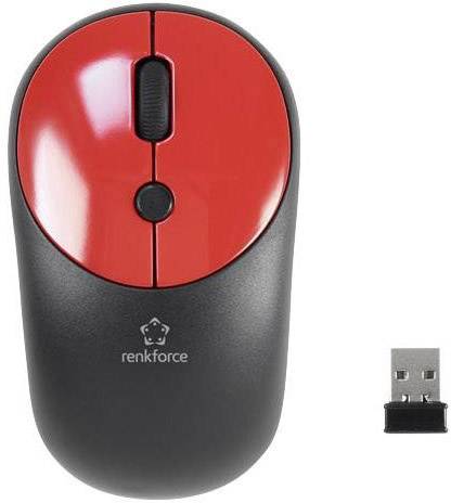 Souris optique sans fil en rouge et noir, avec récepteur USB à côté. Adaptée pour le contrôle de l'ordinateur. Marque 'renkforce'.