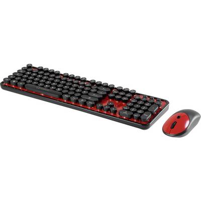 Clavier mécanique noir avec touches rondes sur fond rouge, à côté d'une souris sans fil rouge et noire.