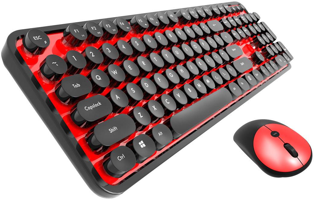Clavier mécanique rétro noir avec touches rondes, sur fond rouge, à côté d'une souris rouge assortie.