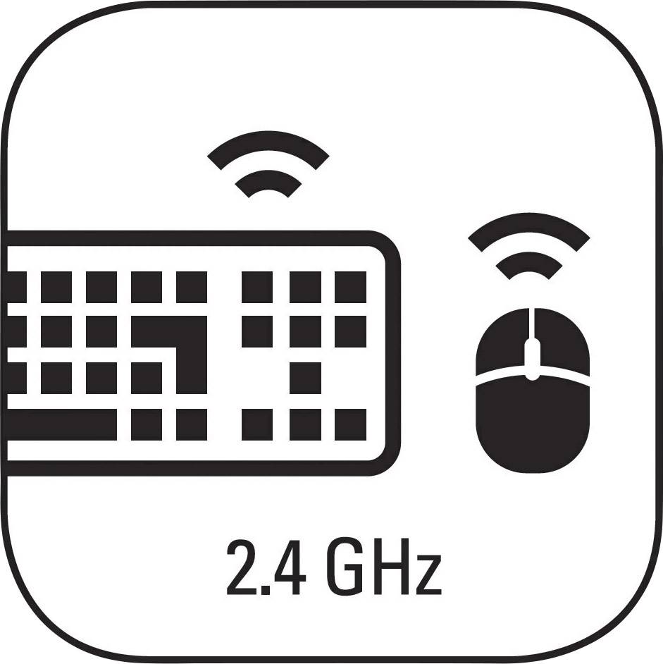 'Symbole d'un clavier et d'une souris avec des ondes radio et le texte "2,4 GHz", illustrant une connexion sans fil.'