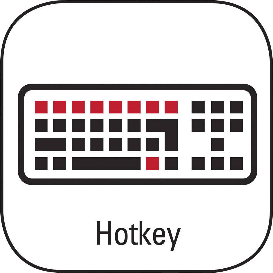 Symbole de 'raccourci clavier' avec un design de clavier stylisé en noir et blanc et des marquages rouges.