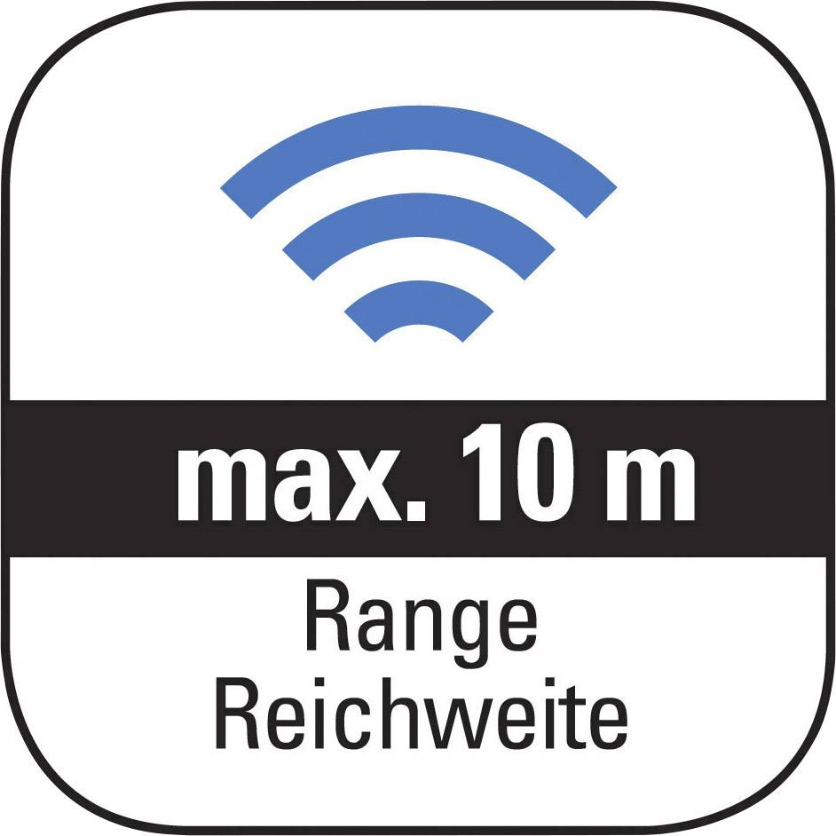 Un symbole affiche un signal Wi-Fi bleu. Texte en dessous : « Portée max. 10 m ». Indicateur de portée maximale d'un signal.