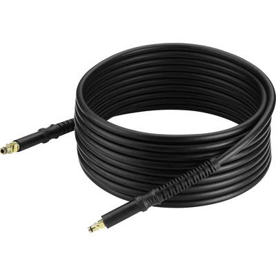 Tuyau haute pression noir avec raccords en laiton aux deux extrémités, enroulé en un rouleau serré.