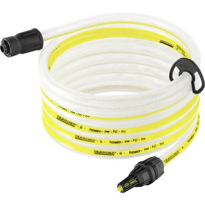 Dévidoir de tuyau d'arrosage avec le tuyau enroulé. Le tuyau est rayé jaune et blanc avec des raccords noirs aux deux extrémités.