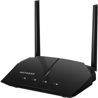 Un routeur Wi-Fi noir avec deux antennes et quatre voyants verts sur le devant, portant l'étiquette 'Netgear'.