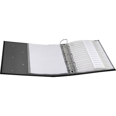 Un classeur à anneaux ouvert avec des pochettes transparentes contenant de petits composants électroniques dans des compartiments individuels.