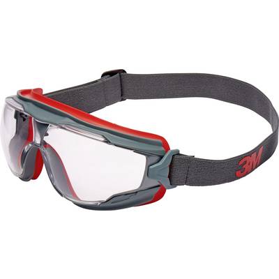 Lunettes de protection avec monture grise, accent rouge et bandeau élastique. Adaptées à la protection des yeux dans les environnements de travail.