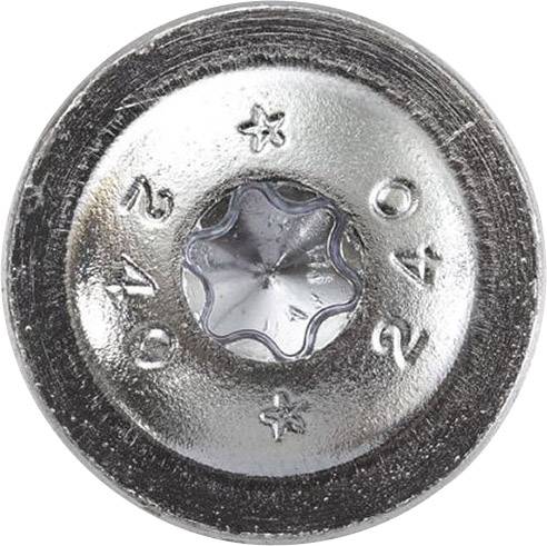 Gros plan d'une vis en argent avec une tête Torx et des chiffres gravés sur sa surface.