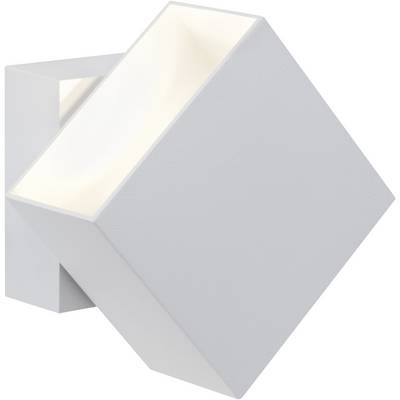 Une lampe murale moderne, carrée, blanche, avec une ouverture inclinée vers le haut qui diffuse une lumière douce.
