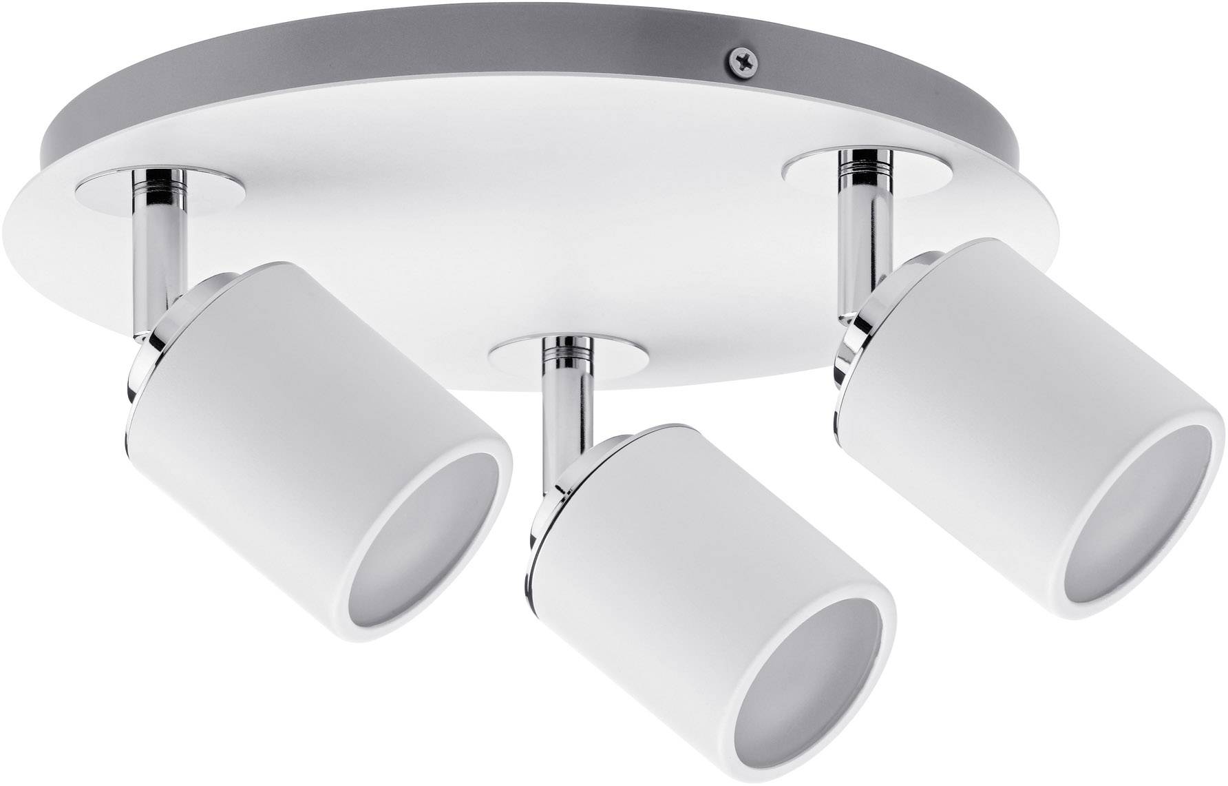 Plafonnier à trois lampes avec spots cylindriques blancs sur base chromée.