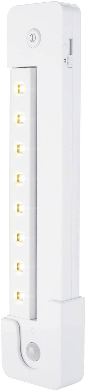 Lampe LED blanche avec un arrangement vertical de sept lumières. Elle est étroite et se tient verticalement.