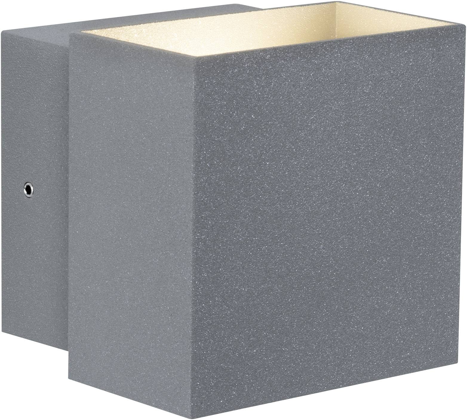 Un luminaire mural moderne, carré, à surface gris foncé et ouvert en haut et en bas pour un éclairage indirect.